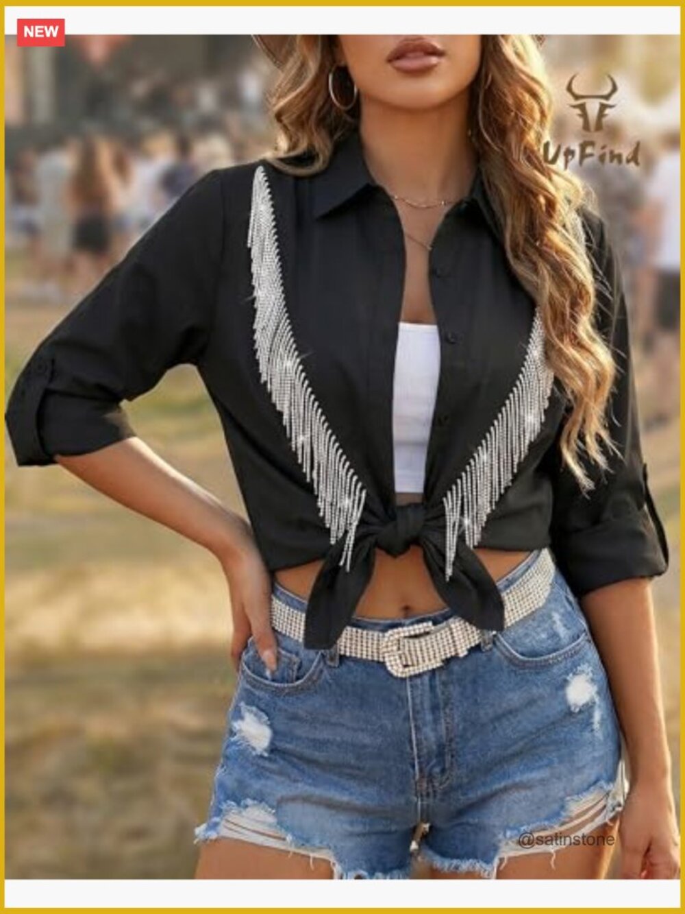 Sparkly Rhinestone Fringe Western Shirt Button Down Cowgirl Top - Picture 4 of 7